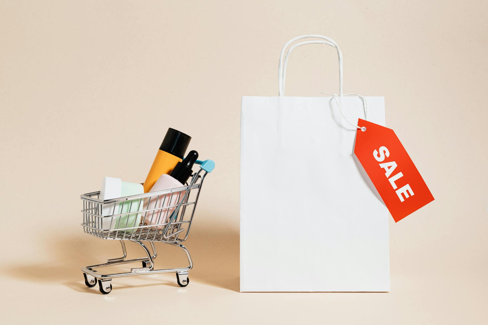 shopping cart next to a shopping bag